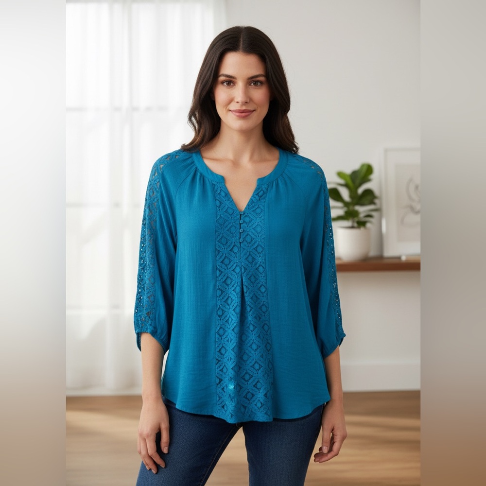 Counterparts Teal Blouse with Lace Sleeves size 1X Rayon Blend